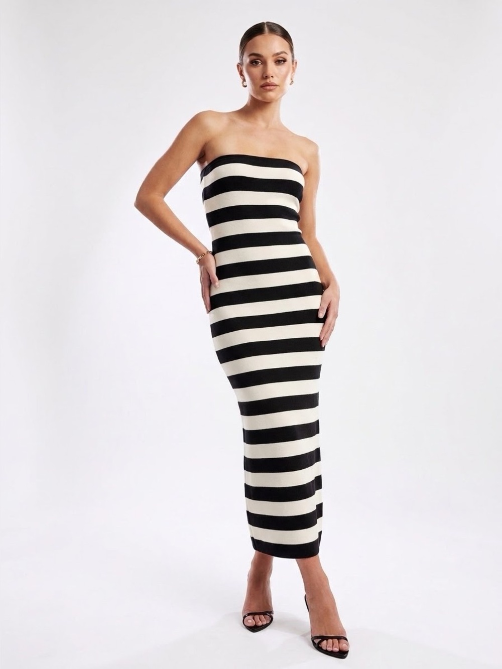 Abercrombie & Fitch Black and White Cream Strapless Striped Midi Dress Knit
